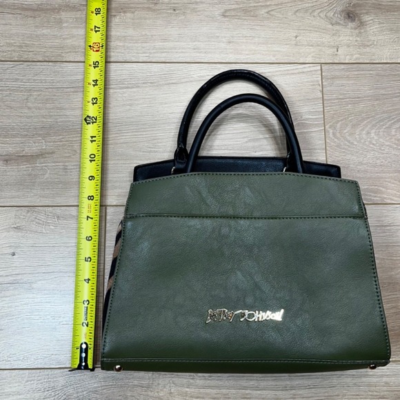 Betsey Johnson handbag Green w/ Leopard Print Black Handle Rose Lining Designer - Picture 2 of 16